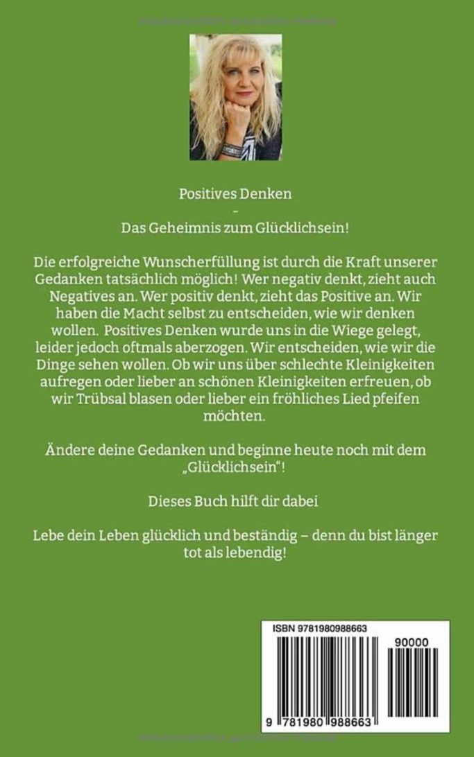 Klappentext zum Buch "Positives Denken", mit Foto der Autorin