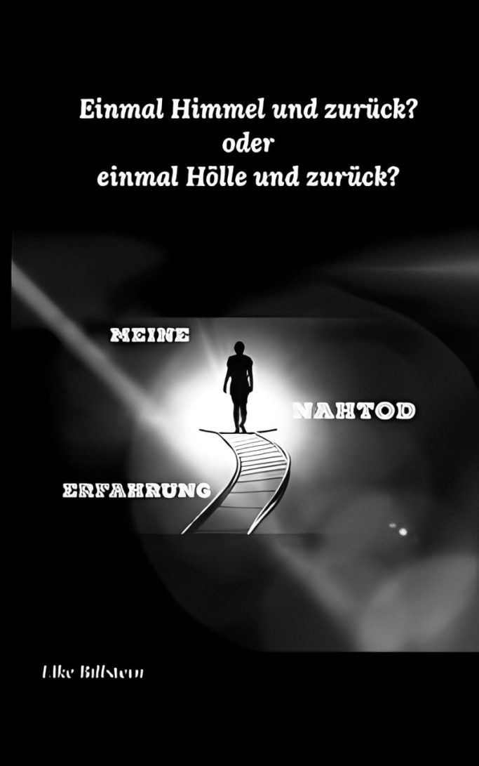 Person auf einer liegenden Leiter, schwarzer Hintergrund, Cover zum Buch  "Einmal Himmel und zurück? Oder einmal Hölle und zurück?"