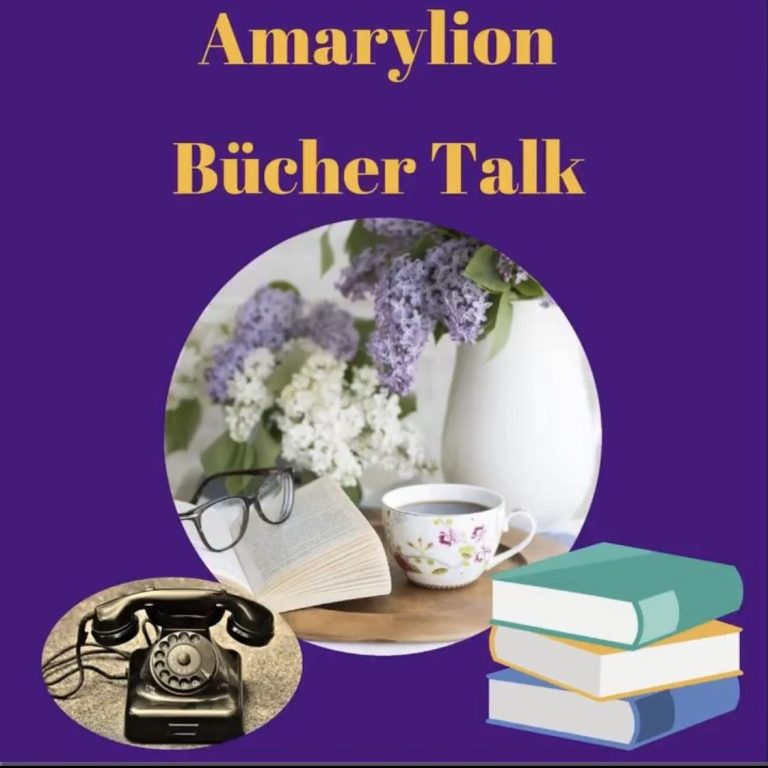 Bild mit Büchern, Kaffeetasse und Telefon, Thumbnail zum Podtcast Amarylion/Büchertalk mit Elke Billstein